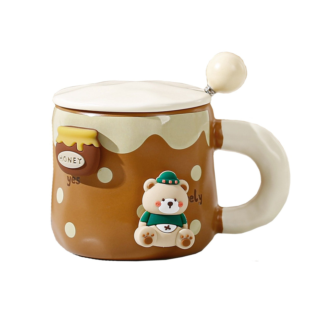 Cana din Ceramica, Vivimall, Model Urs pentru Baieti, Cana Universala, Cana pentru Ceai, Cana cu Lingura Metalica si Capac, 9.6 x 9.5 x 9.5 cm, 400 ml Maro inchis - vivimall.ro