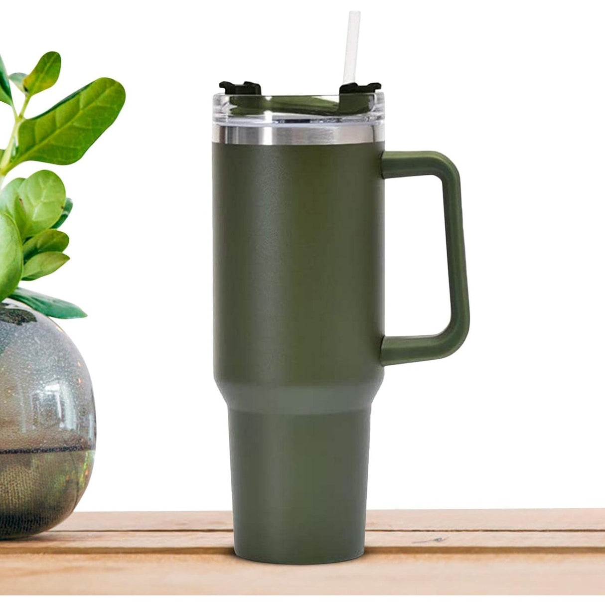 Cana Termos din Plastic, Vivimall, pentru Bauturi Calde si Reci, cu Maner, 9.9x9.9x27 cm, Verde Army - vivimall.ro
