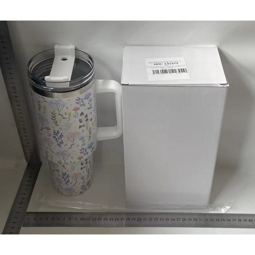 Cana Termos din Plastic, Vivimall, pentru Bauturi Calde si Reci, cu Maner, Imprimeu Floral, Alb, 10x7.6x27.5 cm - vivimall.ro