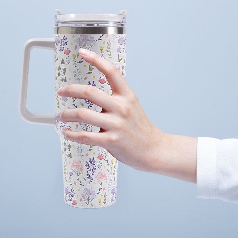 Cana Termos din Plastic, Vivimall, pentru Bauturi Calde si Reci, cu Maner, Imprimeu Floral, Alb, 10x7.6x27.5 cm - vivimall.ro