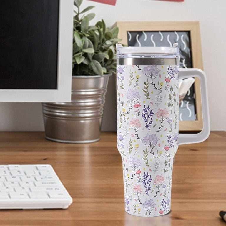 Cana Termos din Plastic, Vivimall, pentru Bauturi Calde si Reci, cu Maner, Imprimeu Floral, Alb, 10x7.6x27.5 cm - vivimall.ro