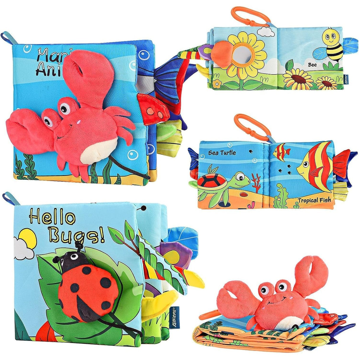 Carte Senzoriala, Vivimall, pentru Bebelusi, 15x16x4 cm, cu Animalute, 3D, Cu Sunete si Fosnete, 0-3 Ani, Model Crab, Multicolor - vivimall.ro