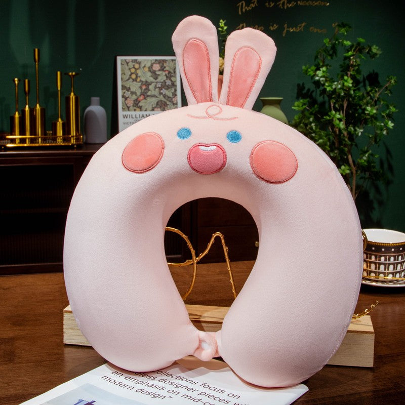 Perna de Calatorie in Forma de U, Vivimall, Pentru Gat si Cap, Umplutura din Spuma cu Memorie, 30x30 cm, Model Iepuras, Accesoriu de Voiaj, Birou, Masina, Sistem Prindere Capse, Roz - vivimall.ro