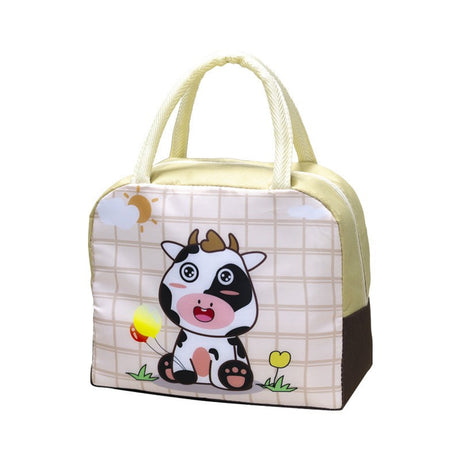 Geanta Termoizolanta Pentru Copii, 23X13X19 Cm, Model Imprimeu Vacuta, Din Folie De Aluminiu Si Panza Oxford, Bej - vivimall.ro