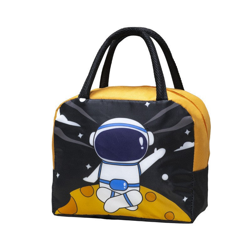 Geanta Termoizolanta pentru Copii, Vivimall, 23x13x19 cm, Model Imprimeu Astronaut, din Folie de Aluminiu si Panza Oxford, Negru/Portocaliu - vivimall.ro