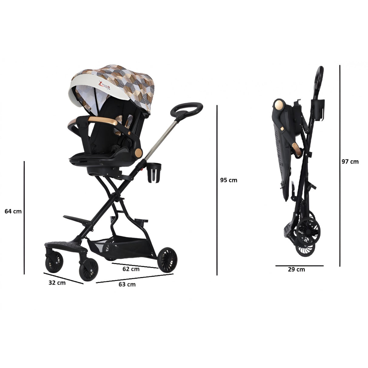 Carucior Sport Flippy 3in1, 6-36 Luni, Reversibil, Pliabil, Tavita pentru Masa, Pozitie de Somn, Centura de Siguranta, Roti 360, Suport Pahar, Copertina pentru Soare, 32x63x95cm, Maro Model Carouri - vivimall.ro