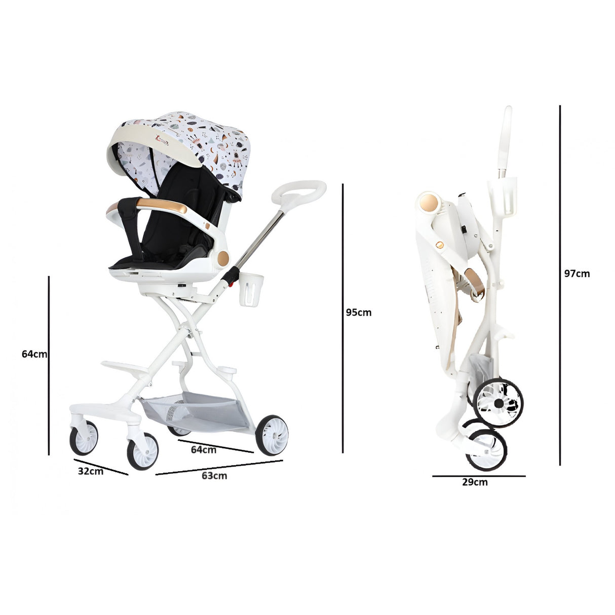 Carucior Sport Flippy 3in1, 6-36 Luni, Reversibil, Pliabil, Tavita pentru Masa, Pozitie de Somn, Centura de Siguranta, Roti 360, Suport Pahar, Copertina pentru Soare, 32x63x95cm, Bej Model Cosmos - vivimall.ro