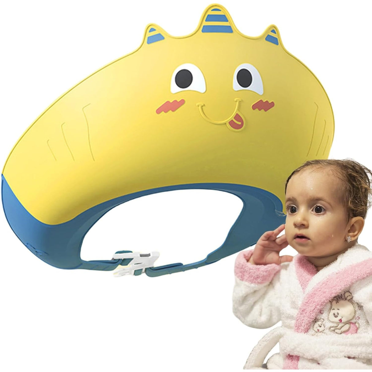 Casca de Dus, Vivimall, Previne Scurgerea Apei si Samponului pe Fata, 0-12 Ani, Ajustabila, din TPE+PP, 20 x 23 cm, Model Unicorn, Galben/Albastru - vivimall.ro