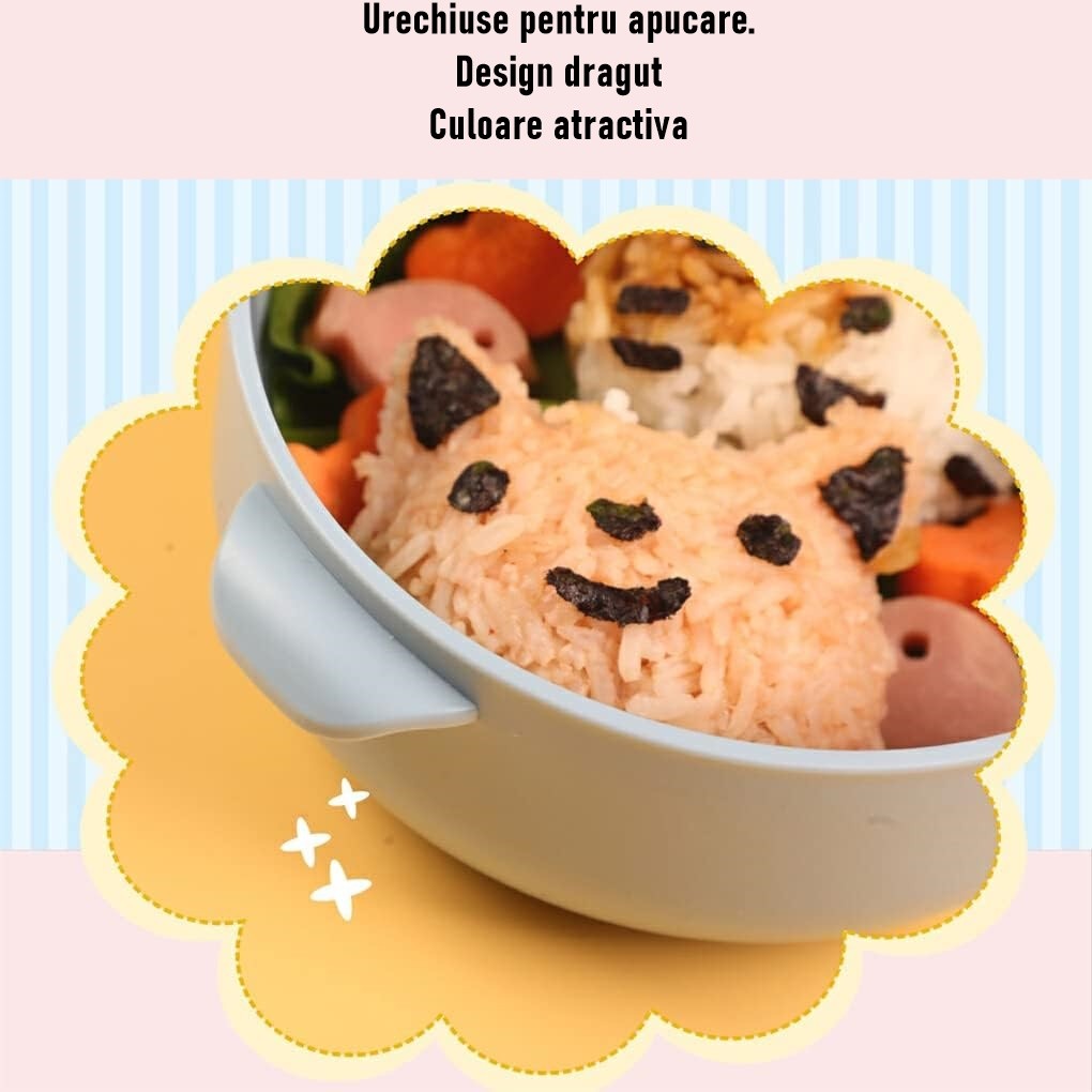 Caserola pentru copii Vivimall, lunch box, 750 ml, doua boluri, lingura, foarfeca din plastic, rezistenta la scurgeri, Albastra - vivimall.ro