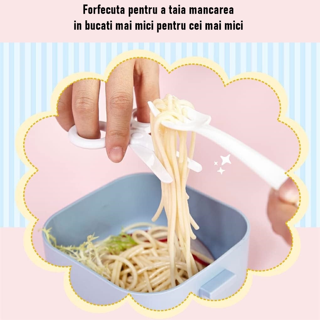 Caserola pentru copii Vivimall, lunch box, 750 ml, doua boluri, lingura, foarfeca din plastic, rezistenta la scurgeri, Albastra - vivimall.ro