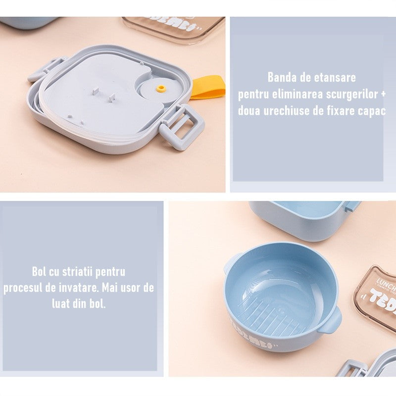 Caserola pentru copii Vivimall, lunch box, 750 ml, doua boluri, lingura, foarfeca din plastic, rezistenta la scurgeri, Albastra - vivimall.ro