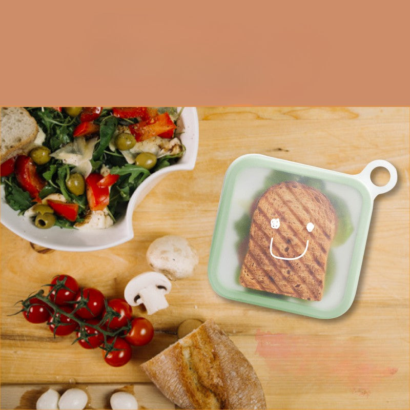 Caserola pentru sandwich Vivimall, din silicon si polipropilena, portabil, usor de curatat, capac anti-scurgere, reutilizabil, 15.5 x 15.5 x 2.5 cm, verde - vivimall.ro