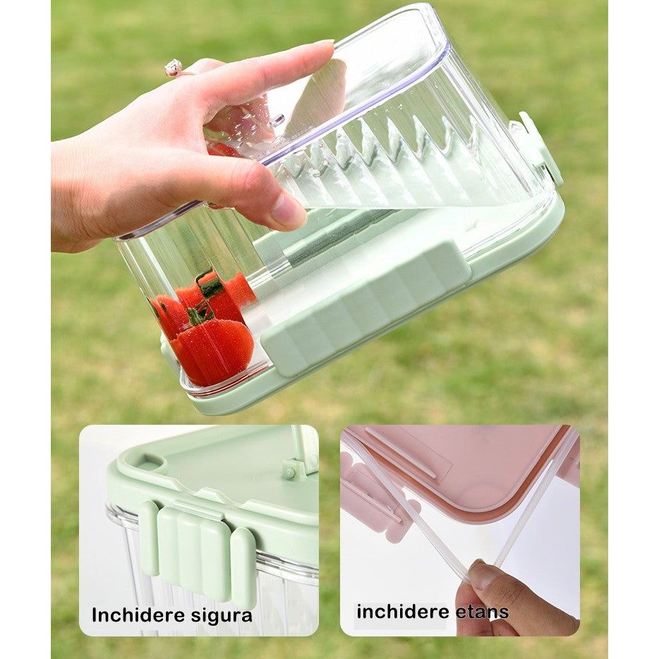 Caserola portabila pentru mancare fresh Vivimall, 1500 ml, 2 furculite,10 x 13.5 x 20 cm, 2 capace detasabile pentru congelator, etans, spatiu pentru tacamuri, maner, material plastic, rezistent la temperaturi ridicate, transparent - vivimall.ro