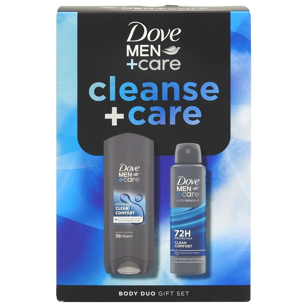 Casetă cadou Dove Men Care Clean Comfort cu gel de duș 250 ml și deodorant spray 150 ml, vedere frontală