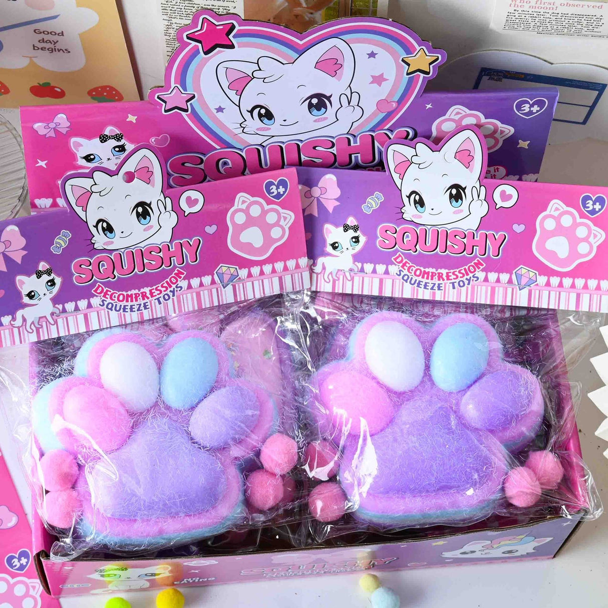 Jucarie Antistres Squishy, Vivimall, cu Revenire Lenta, Model Labuta de Pisica Pufoasa, 220g, 12.5 x 10.5 cm Squeeze Pinch Family, Ambalaj Transparent, Mov - vivimall.ro