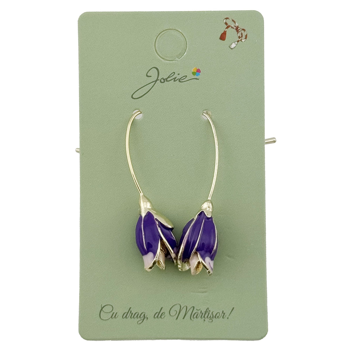 Detaliu cercei Jolie Flori Iris mov, sistem prindere tijă cu flutuраș, aproape