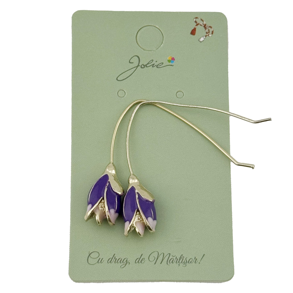 Cercei eleganți mov model Flori Iris Jolie, purtați ca accesoriu ținută casual