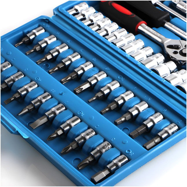 Chei tubulare Set 46 de Piese, Vivimall, Trusa Scule de Reparatii Auto, Prelungitoare Rigid si Flexibil, Articulatie Cardanica, Antrenor de Forta Glisant, Adaptoare, Maner pentru Surubelnita, 23 x 12 x 4 cm, 1.9 kg, Cutie Albastra - vivimall.ro