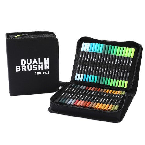 Set Carioci pe Baza de Apa, Vivimall, 2 in 1, pentru Pictura, Caligrafie, 100 Culori, Penar Negru, Corp Carioca Negru, 23.5 x 19.5 x 7.5 cm, Multicolor - vivimall.ro