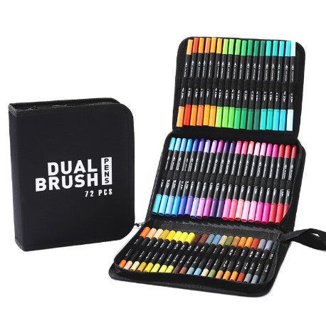 Set Carioci pe Baza de Apa, Vivimall, 2 in 1, pentru Pictura, Caligrafie, 72 Culori, Penar Negru, Corp Carioca Negru, 24.5 x 18.5 x 5 cm, Multicolor - vivimall.ro