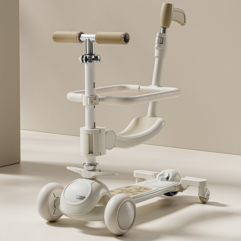 Trotineta Tip Carucior pentru Copii 7in1, Vivimall, Pliabila, Ghidon Reglabil, Parti Detasabile, Lumini LED, Muzica, Suport pentru picioare, Alb - vivimall.ro