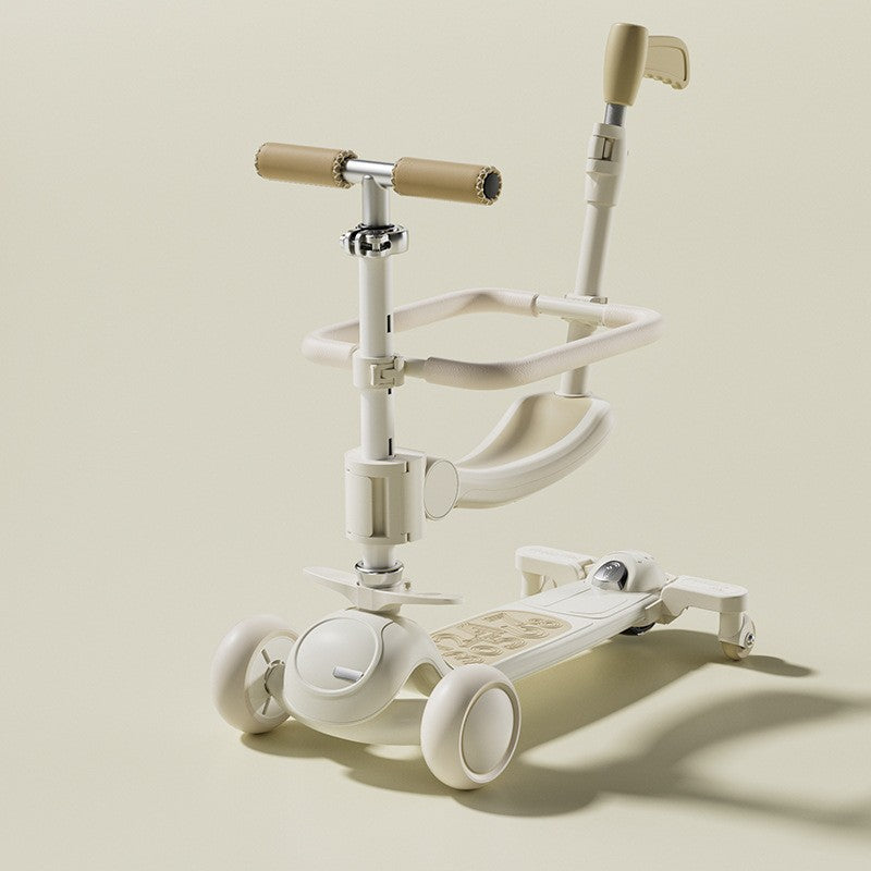 Trotineta Tip Carucior pentru Copii 7in1, Vivimall, Pliabila, Ghidon Reglabil, Parti Detasabile, Lumini LED, Muzica, Suport pentru picioare, Alb - vivimall.ro