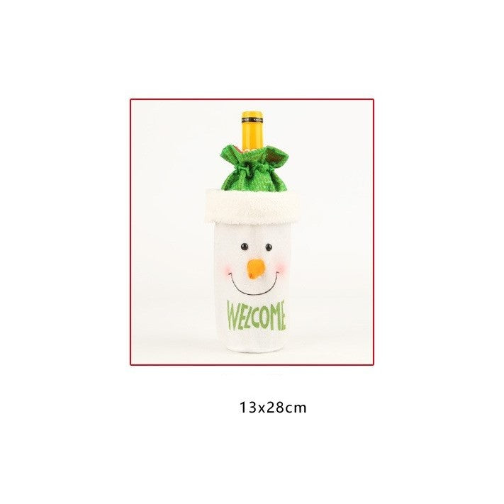 Saculet de Craciun pentru Sticla de Bautura, Vivimall, Model Om de Zapada Accesorizat, Tematica Petrecere de Craciun, Marime Universala, 13x28 cm, Verde - vivimall.ro