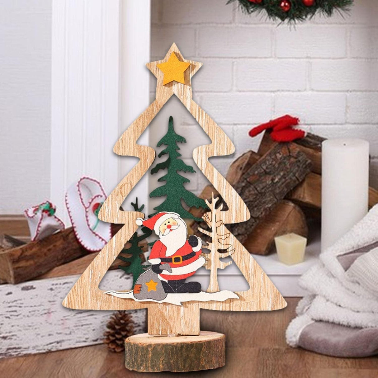 Decoratiune de Craciun, Flippy, din Lemn, 13.5 x 20 cm, Model Brad cu Stea Galbena, Multicolor - vivimall.ro