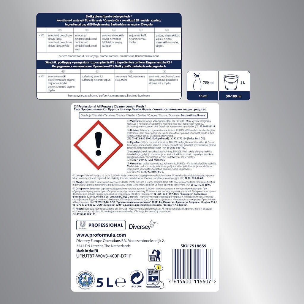 CIF Professional APC Lemon Fresh – Detergent Universal, Parfum de Lamaie 5 L - vivimall.ro