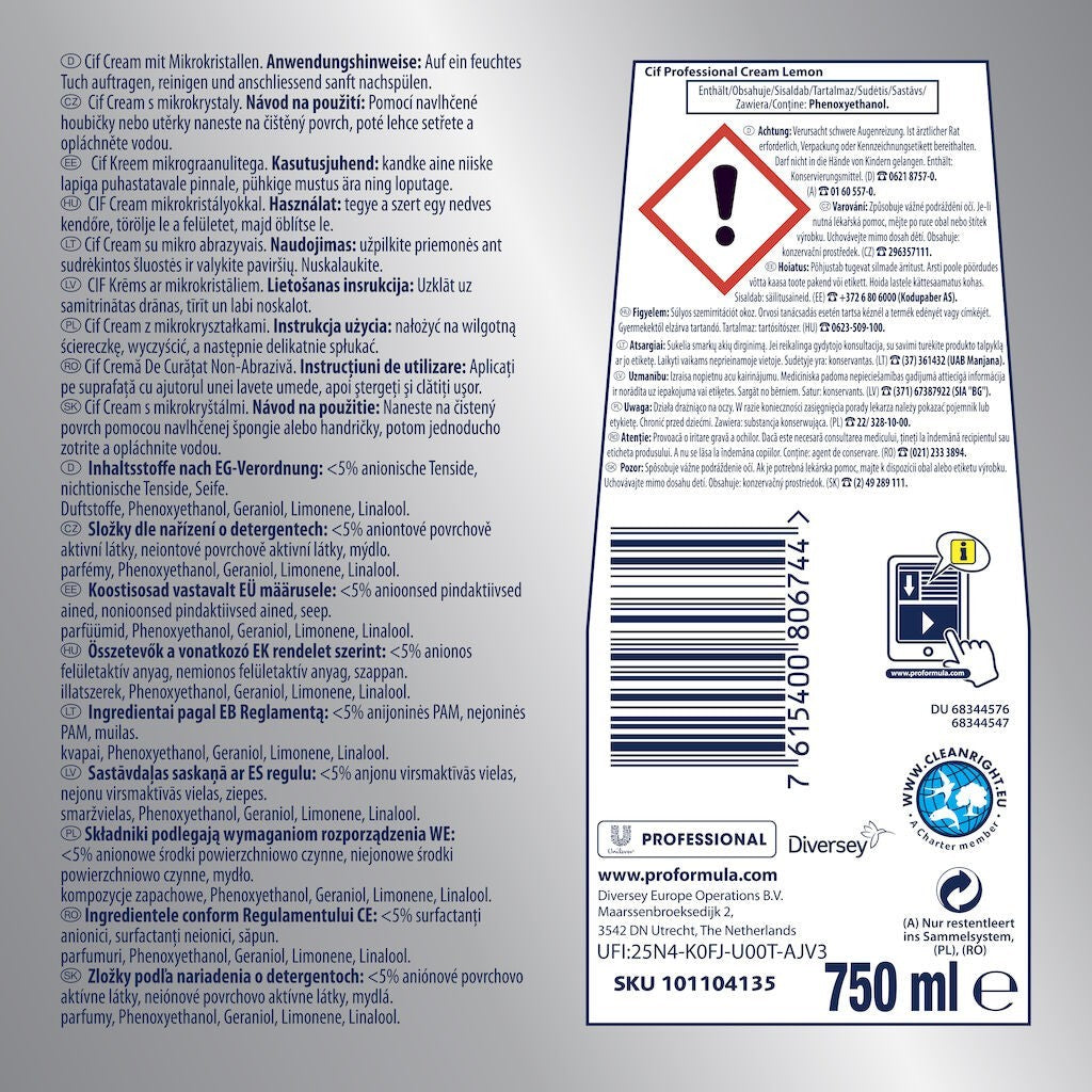 CIF Professional Cream Lemon – Crema de Curatare Non-Abraziva cu Lamaie 0.75 L - vivimall.ro