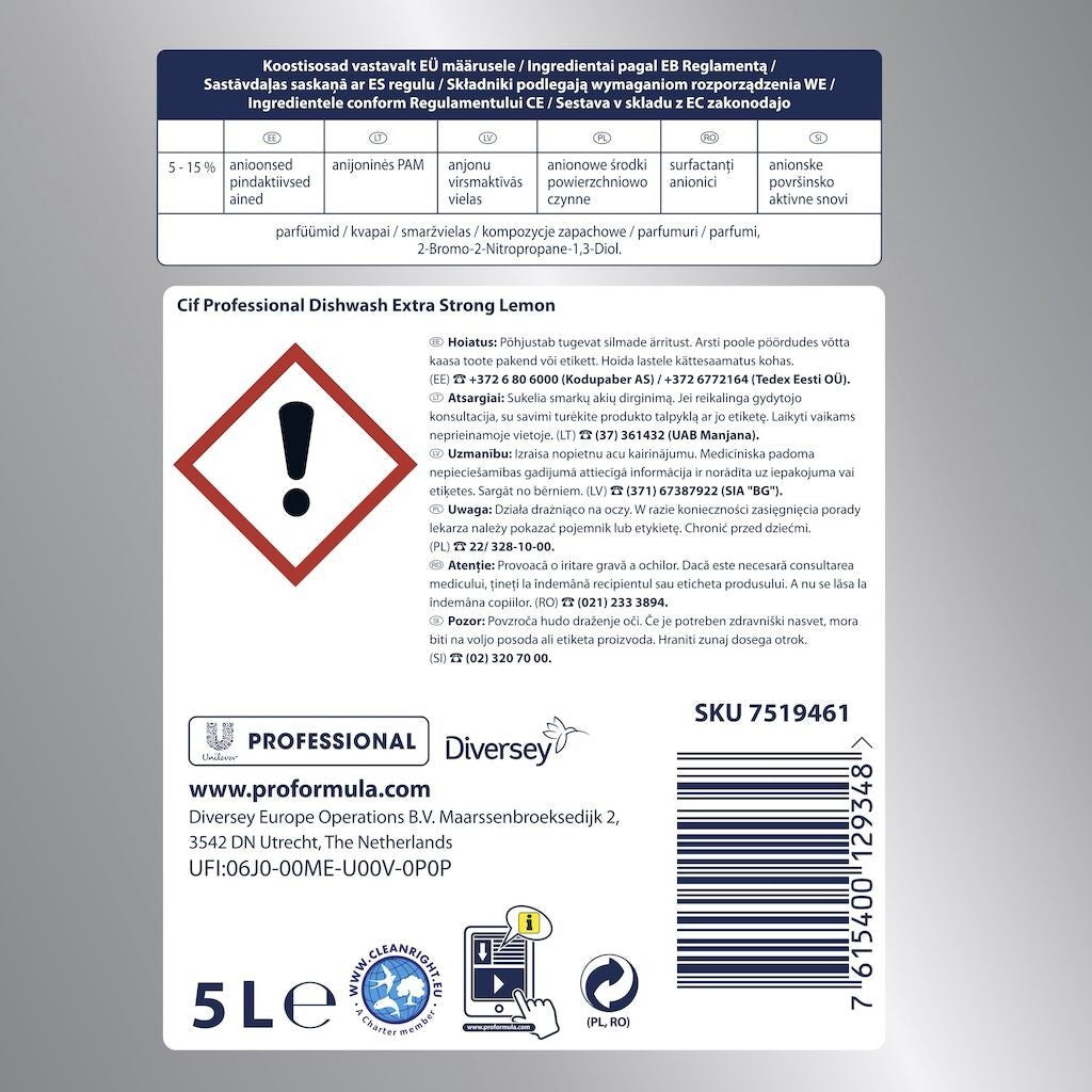 Detergent vase Cif Professional Lemon 5L, vedere laterală cu informații produs