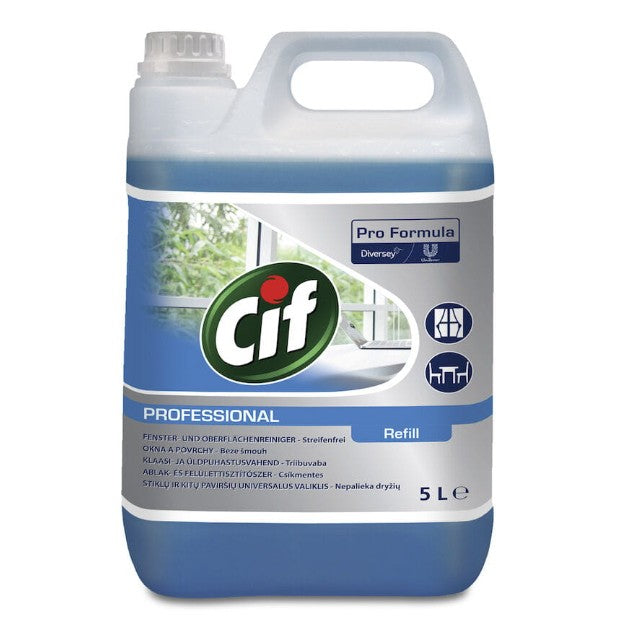 Recipient CIF Professional 5 L pentru geamuri și oglinzi, etichetă cu detalii formulă Pro