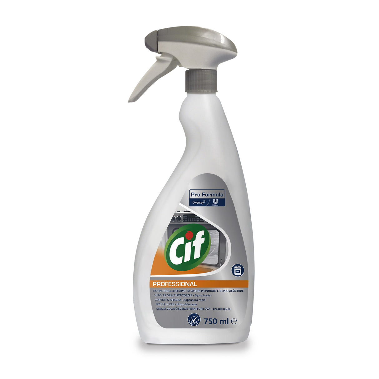 Flacon CIF Professional Oven & Grill Cleaner 0,75 L cu pulverizator spumă, detaliu etichetă produs