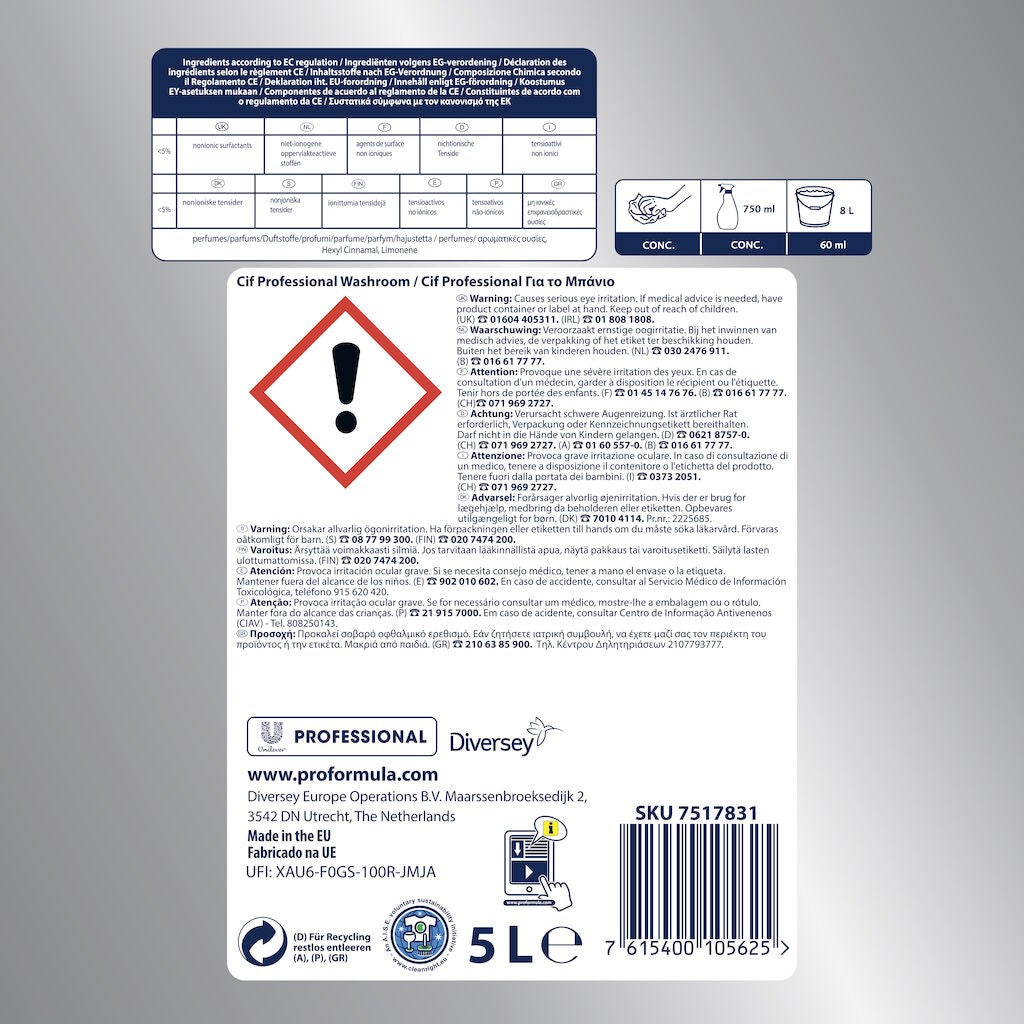 Cif Professional Washroom 5 L – flacon individual cu etichetă Pro Formula, detaliu etichetă