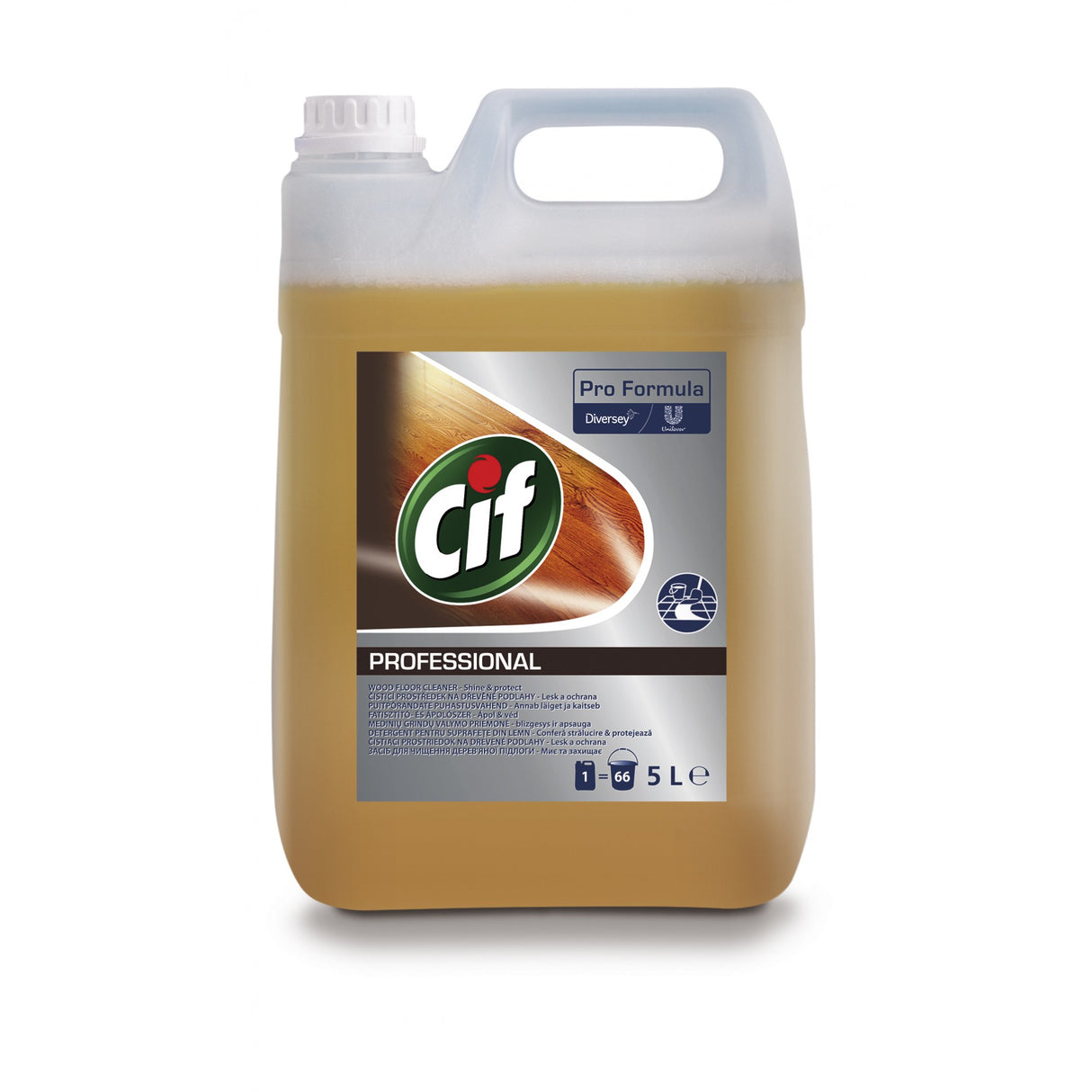 Flacon CIF Professional 5 L detergent pardoseli lemn, etichetă cu instrucțiuni de dozare