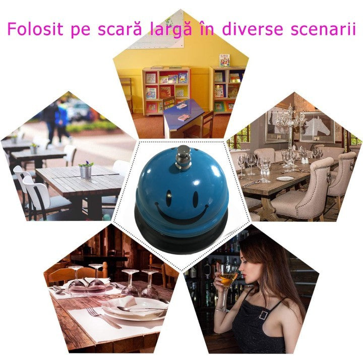Clopotel Metalic Multifunctional, Vivimall, Albastru Deschis cu Imprimeu Smiley Face, 7.5x7.5x6.5 cm, Receptie, Restaurant - vivimall.ro