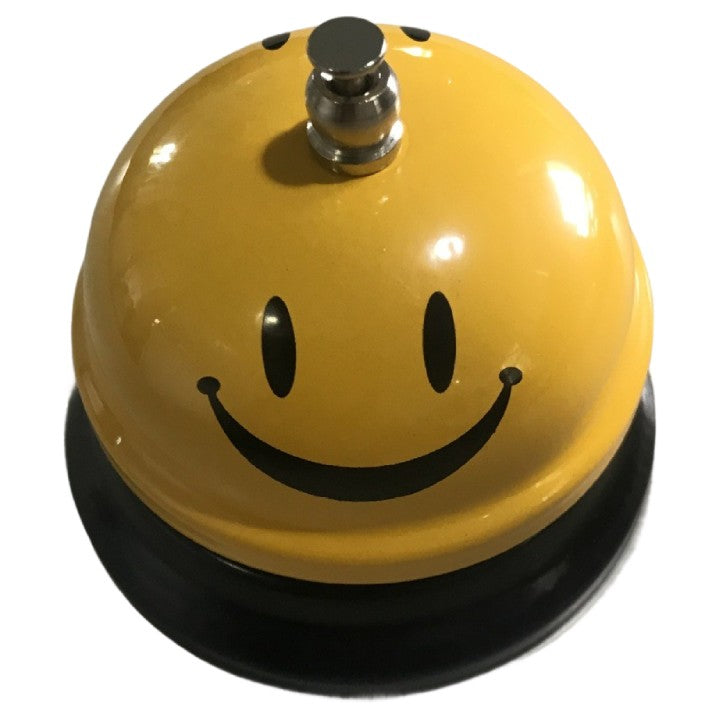 Clopotel Metalic Multifunctional, Vivimall, Galben cu Imprimeu Smiley Face, 7.5x7.5x6.5 cm, Receptie, Restaurant, Cafenele - vivimall.ro