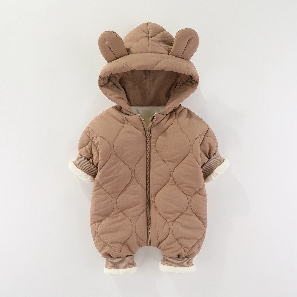 Combinezon de Iarna, Vivimall, pentru Bebelusi, din Bumbac, cu Urechi, Mansete Elastice, Unisex, 73 cm, Maro - vivimall.ro