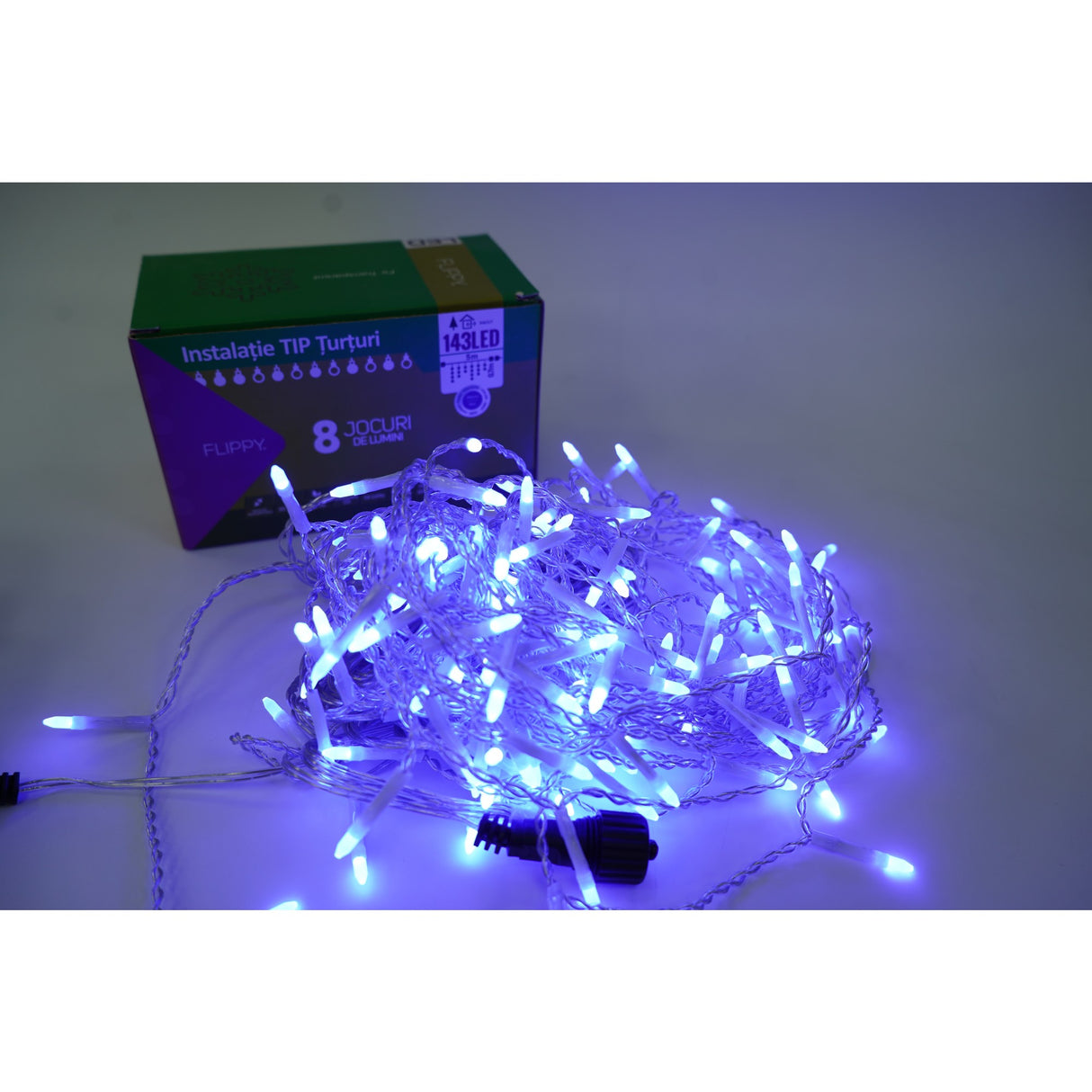 Sectiune Instalatie de Craciun, Vivimall®, Tip Turturi, Fara Alimentator, 5m, 143 LED-uri, 8 Jocuri de Lumini, Fir Transparent, Lumina Albastra, IP44, Interconectabila - vivimall.ro