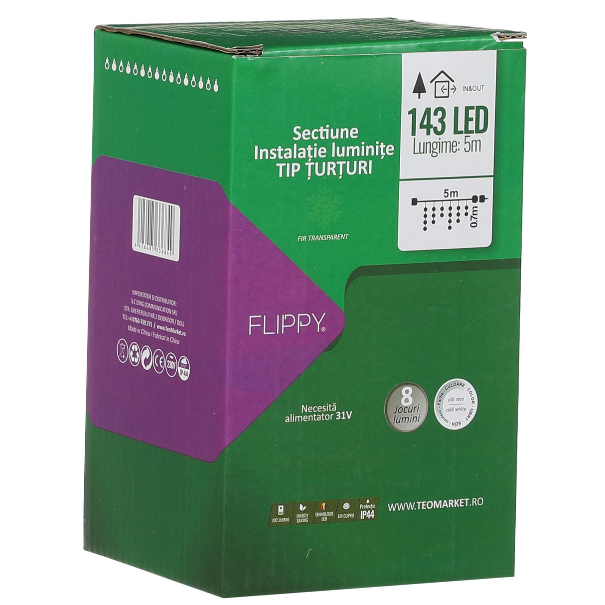 Componenta Instalatie De Craciun Tip Franjuri, 8 Jocuri De Lumini Sectiune 5 M, 143 Led-Uri, Interconectabila, Fir, Alb Rece, Nu Contine Transformator ! - vivimall.ro