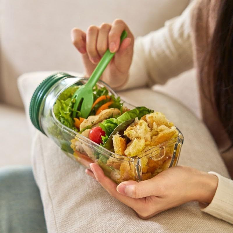 Container Caserola pentru Salata, Vivimall, Borcan pentru Salata din Sticla, Gradat in ml, 1L, 19 x 10 x 10 cm, Capac Rosu, Transparenta - vivimall.ro