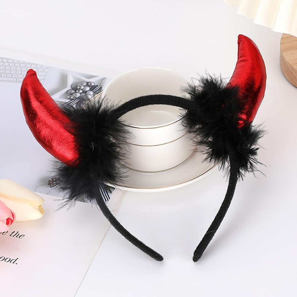 Coronita Deghizare, Vivimall, Model Cornite Devil, Rosu Satinat cu Puf Negru, Marime Universala - vivimall.ro