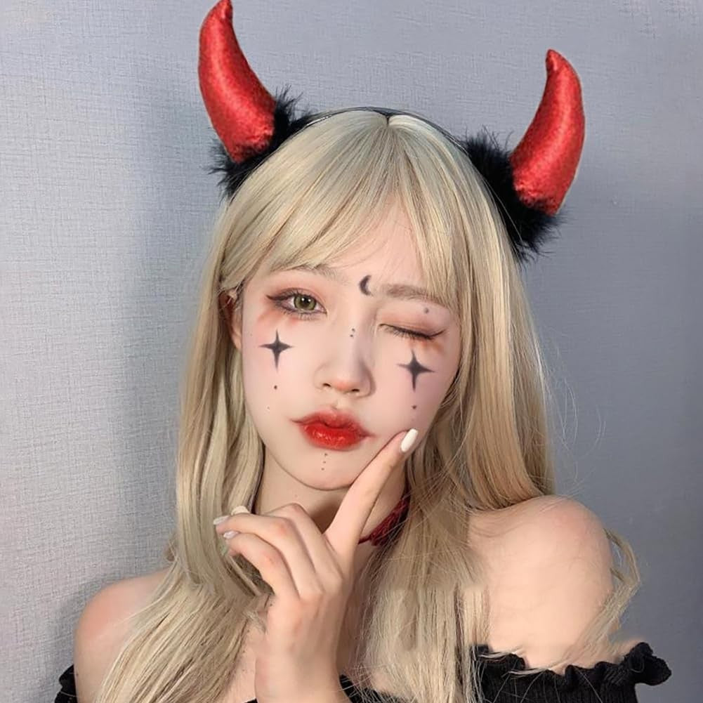 Coronita Deghizare, Vivimall, Model Cornite Devil, Rosu Satinat cu Puf Negru, Marime Universala - vivimall.ro