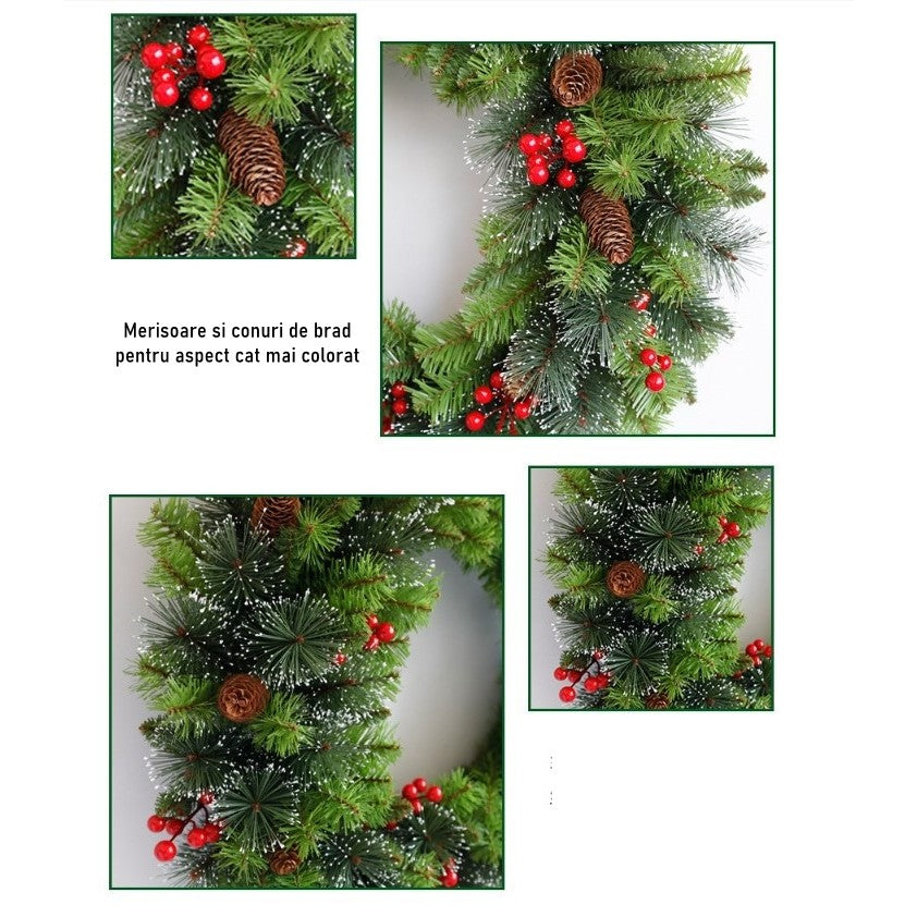 Coronita pentru Craciun Vivimall, 60 cm, din brad artificial, decorata cu conuri si merisoare, Verde - vivimall.ro