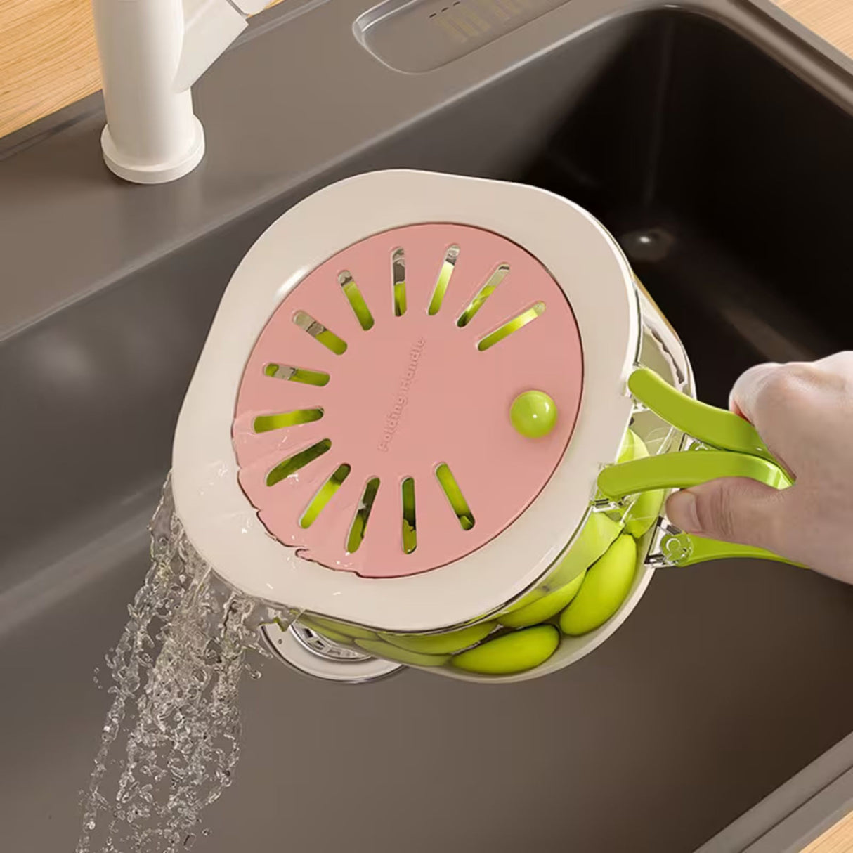 Cos de Scurgere pentru Fructe 2 in 1, Flippy, din Plastic durabil, Filtru Telescopic, Scurgator de Fructe si Legume, pentru uz Casnic, 15 x 15 x 8.5 cm, Roz/Bej - vivimall.ro