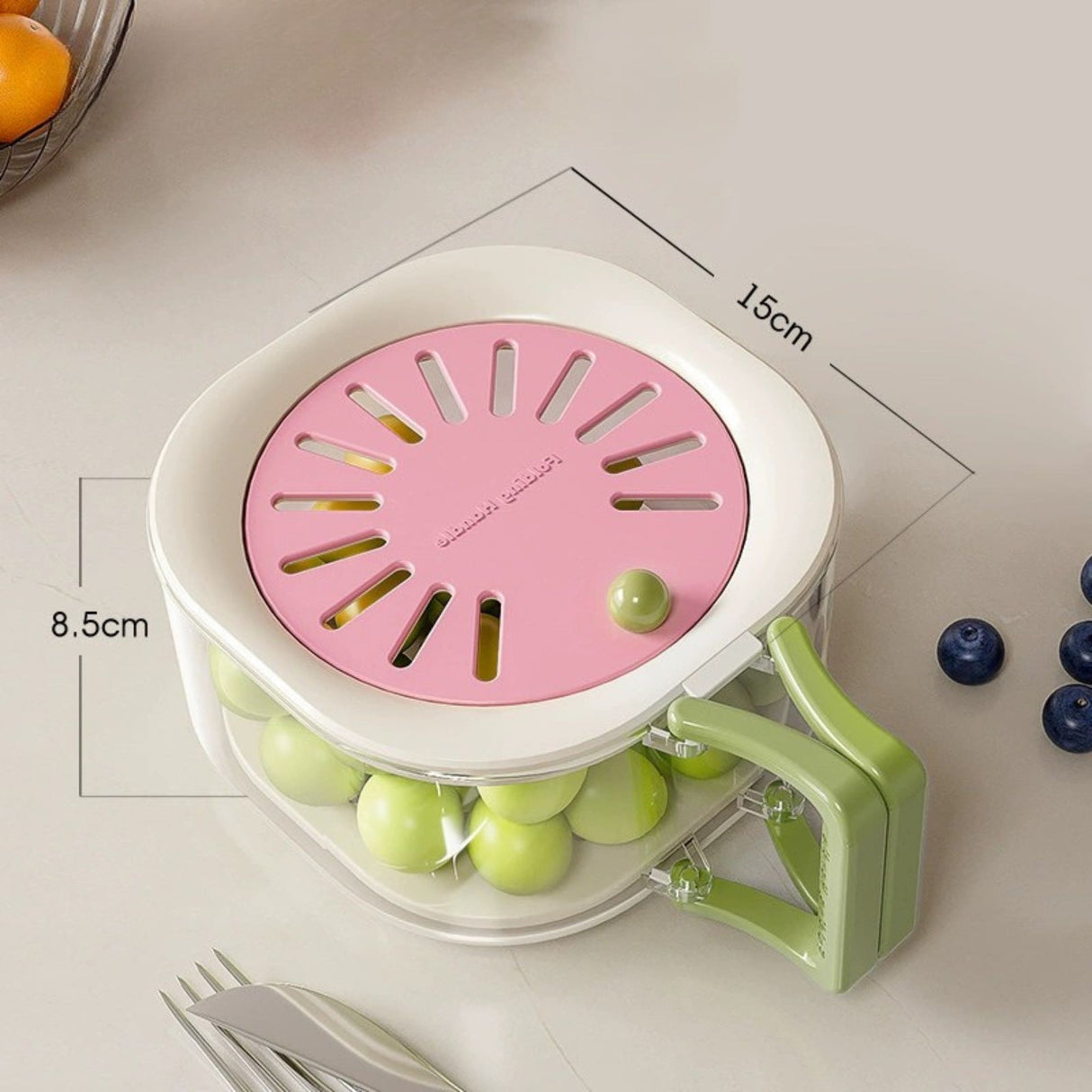 Cos de Scurgere pentru Fructe 2 in 1, Flippy, din Plastic durabil, Filtru Telescopic, Scurgator de Fructe si Legume, pentru uz Casnic, 15 x 15 x 8.5 cm, Roz/Bej - vivimall.ro