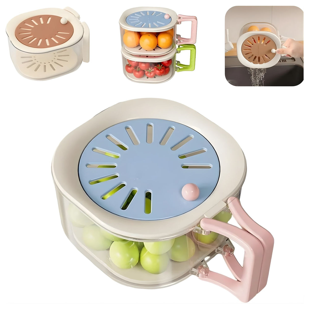 Cos de Scurgere pentru Fructe 2 in 1, Flippy, din Plastic durabil, Filtru Telescopic, Scurgator de Fructe si Legume, pentru uz Casnic, 15 x 15 x 8.5 cm, Albastru/Bej - vivimall.ro