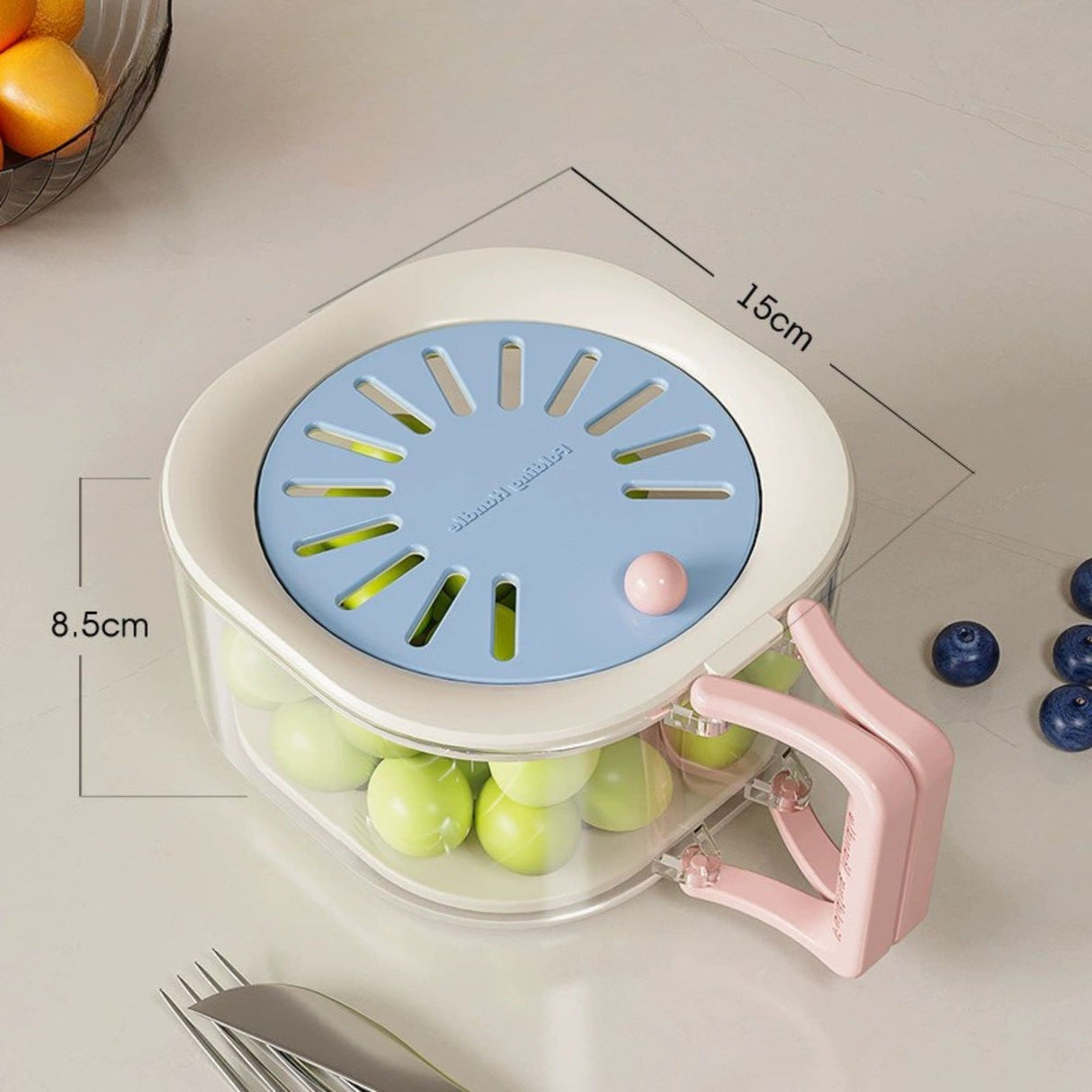 Cos de Scurgere pentru Fructe 2 in 1, Flippy, din Plastic durabil, Filtru Telescopic, Scurgator de Fructe si Legume, pentru uz Casnic, 15 x 15 x 8.5 cm, Albastru/Bej - vivimall.ro