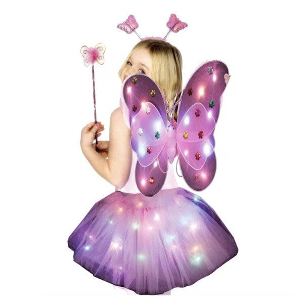 Costum Fluturas cu Aripi Modelabile Luminoase pentru Copii, Vivimall, Fusta din Tul cu Lumini, Bagheta si Bentita, 4 piese, Pentru Halloween, Roleplay, Craciun, Carnaval, Paste, Ziua Copilului, Bumbac/Poliester, Marime universala, Roz - vivimall.ro