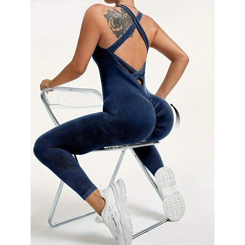Costum yoga damă Vivimall albastru marin, detaliu bretele în X spate gol, material nailon spandex